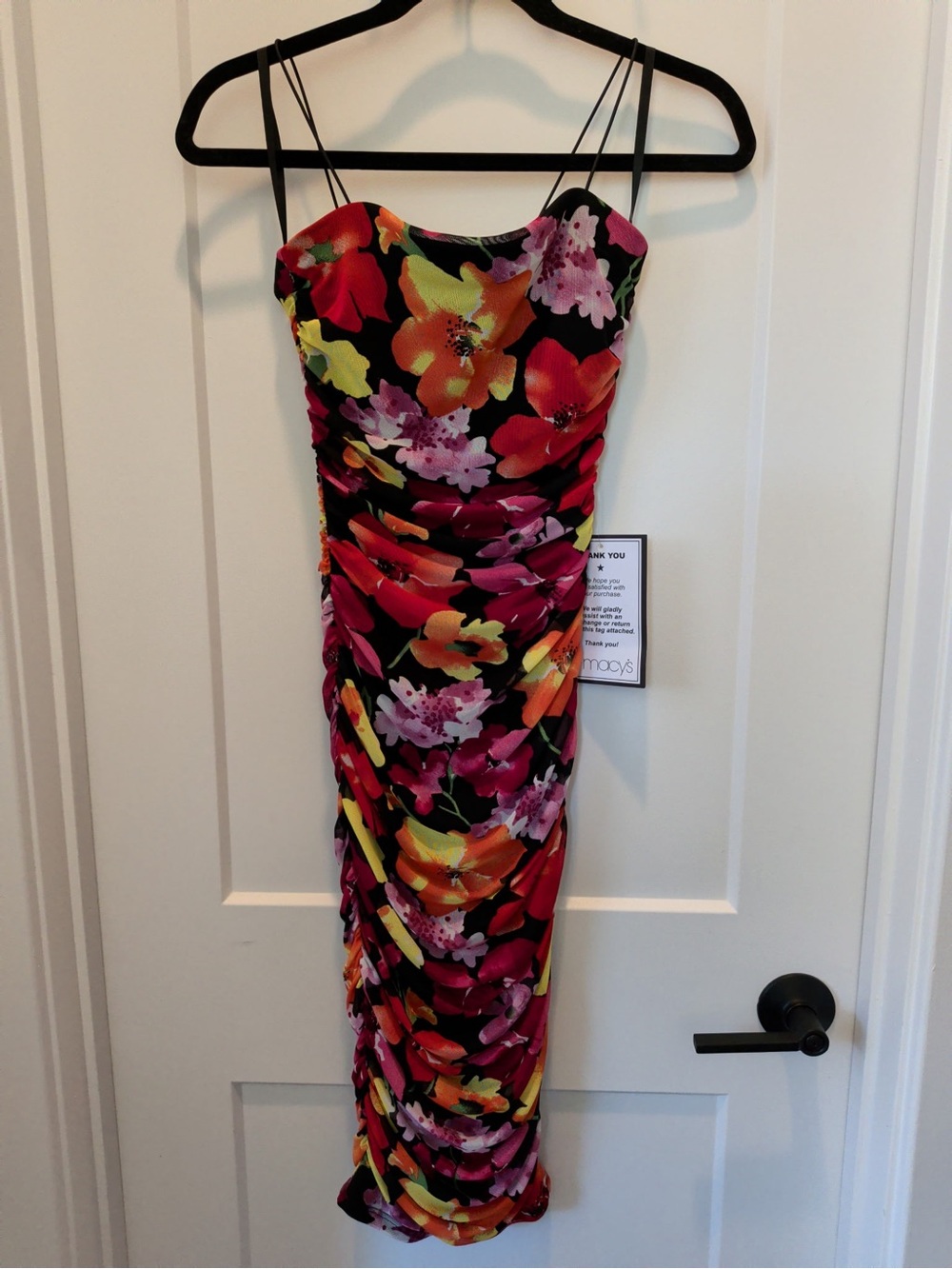Floral Ruched Spaghetti-Strap Midi Dress - Black Multi